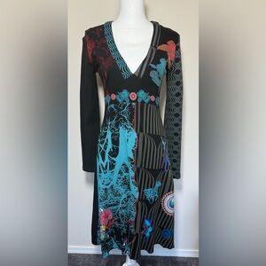 Desigual Black and Teal Artistic Long Sleeve V Neck Dress Women Small